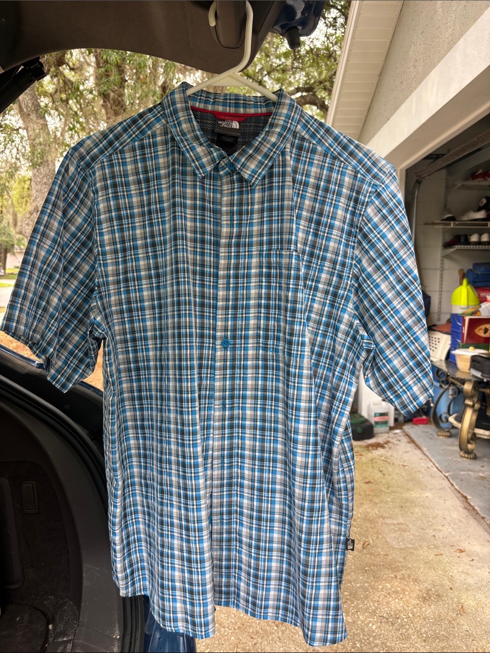 The North Face Blue and White Plaid Short-Sleeve Button-Up Shirt